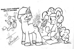 Size: 960x632 | Tagged: artist needed, safe, pinkie pie, oc, oc:cafita, earth pony, pony, kerberos, monochrome, spanish