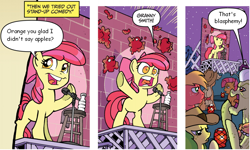 Size: 940x565 | Tagged: safe, edit, idw, apple bloom, apple fritter, applejack, babs seed, big macintosh, granny smith, earth pony, pony, friends forever, spoiler:comic, spoiler:comicff2, apple, apple bloom's bad joke, blasphemy, brick wall, exploitable, exploitable meme, image macro, male, meme, microphone, stage, stallion, stand-up comedy, stool, water bottle