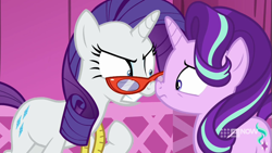 Size: 711x400 | Tagged: safe, screencap, rarity, starlight glimmer, pony, unicorn, a-dressing memories, spoiler:a-dressing memories, spoiler:mlp friendship is forever, boop, carousel boutique, glasses, measuring tape, noseboop, rarity's glasses