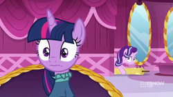 Size: 711x400 | Tagged: safe, screencap, starlight glimmer, twilight sparkle, twilight sparkle (alicorn), alicorn, unicorn, a-dressing memories, spoiler:a-dressing memories, spoiler:mlp friendship is forever, clothes, dress, female, frown, mare, mirror, startled