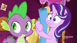 Size: 711x400 | Tagged: safe, screencap, spike, starlight glimmer, dragon, pony, unicorn, a-dressing memories, spoiler:a-dressing memories, spoiler:mlp friendship is forever, cheek squish, squishy cheeks