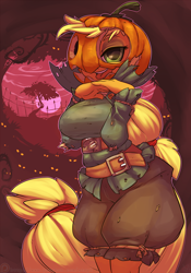 Size: 1050x1500 | Tagged: safe, artist:atryl, applejack, anthro, applerack, breasts, clothes, costume, female, jack-o-lantern, nightmare night, scarecrow, solo, tongue out