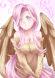 Size: 3508x4961 | Tagged: safe, artist:rhythmiccolors, fluttershy, human, breasts, cleavage, clothes, female, hootershy, humanized, off shoulder, solo, sweatershy, tailed humanization, winged humanization