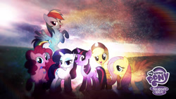 Size: 1920x1080 | Tagged: safe, artist:jackardy, derpibooru import, applejack, fluttershy, pinkie pie, rainbow dash, rarity, twilight sparkle, earth pony, pegasus, pony, unicorn, emblem, group shot, lens flare, logo, mane six, my little pony logo, vector, wallpaper