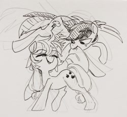 Size: 1280x1179 | Tagged: safe, artist:glacierclear, derpibooru import, applejack, rainbow dash, earth pony, pegasus, pony, applejack's hat, eyes closed, grayscale, hat, lineart, monochrome, mouth hold, open mouth, raised hoof, sketch, traditional art