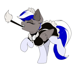 Size: 1952x1742 | Tagged: safe, artist:confetticakez, oc, oc:bassy, pegasus, pony, bow, cleaning, clothes, crossdressing, cute, dancing, dress, eyes closed, femboy, folded wings, maid, male, ocbetes, simple background, socks, solo, stallion, stockings, thigh highs, transparent background, trap, uniform