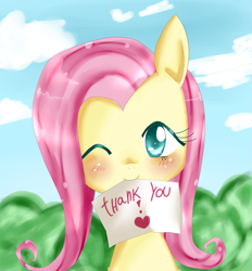 Size: 993x1069 | Tagged: safe, artist:haruliina, fluttershy, pegasus, pony, cute, thank you, wink