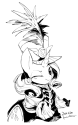 Size: 999x1599 | Tagged: safe, artist:kuzumori, rarity, pony, unicorn, ancient wonderbolts uniform, black and white, clothes, female, grayscale, hat, mare, monochrome, one eye closed, sgt. rarity, shako, solo, uniform, wink