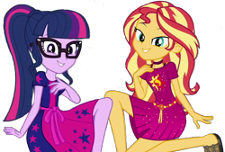 Size: 2048x1384 | Tagged: safe, artist:php77, edit, edited screencap, editor:php77, screencap, sci-twi, sunset shimmer, twilight sparkle, better together, equestria girls, i'm on a yacht, background removed, choker, duo, female, geode of empathy, glasses, hand on chest, looking at you, magical geodes, simple background, smiling, transparent background