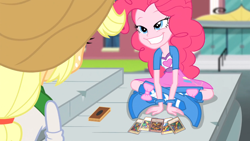 Size: 812x457 | Tagged: safe, edit, edited screencap, screencap, applejack, pinkie pie, equestria girls, rainbow rocks, balloon, boots, bracelet, clothes, cowboy hat, exodia, hat, high heel boots, jewelry, skirt, yu-gi-oh!