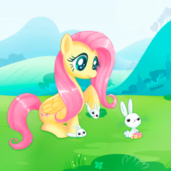 Size: 1280x1280 | Tagged: safe, artist:imoshie, angel bunny, fluttershy, pegasus, pony, bunny slippers, clothes, cute, heart eyes, shyabetes, slippers, wingding eyes