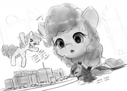 Size: 1289x927 | Tagged: safe, artist:alloyrabbit, pinkie pie, oc, oc:saltlick, oc:sugarcube, earth pony, pony, city, monochrome, peril, shoulder angel, shoulder devil