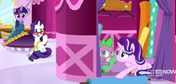 Size: 1364x648 | Tagged: safe, screencap, rarity, spike, starlight glimmer, twilight sparkle, twilight sparkle (alicorn), alicorn, dragon, pony, unicorn, a-dressing memories, spoiler:a-dressing memories, spoiler:mlp friendship is forever, 9now, clothes, cuckolding in the description, dress, female, frown, male, mare, measuring tape, mirror, winged spike