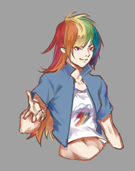 Size: 1600x2025 | Tagged: safe, artist:闷骚少女初窗, derpibooru import, rainbow dash, human, belly button, clothes, female, humanized, jacket, midriff, solo