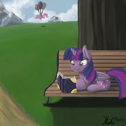 Size: 800x800 | Tagged: safe, artist:xenstroke, derpibooru import, pinkie pie, twilight sparkle, twilight sparkle (alicorn), alicorn, earth pony, pony, balloon, bench, book, commission, speedpaint