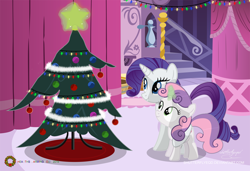 Size: 2882x1966 | Tagged: safe, artist:shutterflyeqd, rarity, sweetie belle, pony, unicorn, carousel boutique, christmas, christmas tree, hearth's warming, hug, sweetie belle's magic brings a great big smile, tree