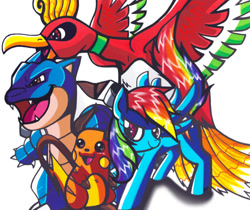 Size: 572x481 | Tagged: safe, artist:aurora-chiaro, derpibooru import, rainbow dash, pegasus, pony, blastoise, crossover, ho-oh, pokémon, raichu, traditional art