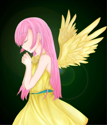 Size: 1000x1166 | Tagged: safe, artist:d-tomoyo, fluttershy, human, alternate costumes, alternate hairstyle, eyes closed, humanized, praying, solo, winged humanization