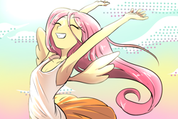 Size: 1200x800 | Tagged: safe, artist:quizia, fluttershy, human, armpits, beautiful, cleavage, clothes, female, humanized, pretty, skirt, solo, tanktop, winged humanization