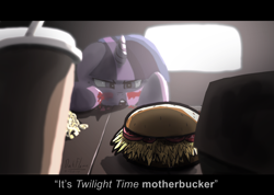 Size: 6540x4652 | Tagged: safe, artist:darkflame75, derpibooru import, twilight sparkle, pony, twilight time, caption, drink, female, food, glare, hay burger, mare, solo, table, that pony sure does love burgers, twilight burgkle