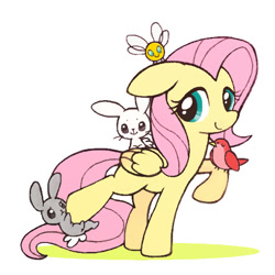 Size: 560x560 | Tagged: safe, artist:tsukisayu, angel bunny, fluttershy, bird, parasprite, pegasus, pony, rabbit, simple background