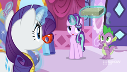 Size: 1600x900 | Tagged: safe, screencap, rarity, spike, starlight glimmer, dragon, pony, unicorn, a-dressing memories, spoiler:a-dressing memories, spoiler:mlp friendship is forever, 9now, boutique, box, curtains, glasses, levitation, magic, measuring tape, rarity's glasses, scissors, telekinesis, winged spike