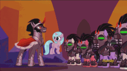 Size: 1200x675 | Tagged: safe, derpibooru import, edit, edited screencap, idw, screencap, king sombra, radiant hope, unicorn, the cutie re-mark, spoiler:comic, alternate timeline, animated, crystal empire, crystal war timeline, curved horn, female, hopebra, male, mind control, raised hoof, sombra empire, sombra soldier, straight