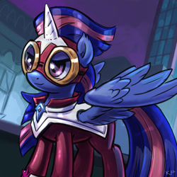 Size: 1600x1600 | Tagged: safe, artist:kp-shadowsquirrel, derpibooru import, masked matter-horn, twilight sparkle, twilight sparkle (alicorn), alicorn, pony, power ponies (episode), clothes, costume, female, goggles, mare, power ponies, solo