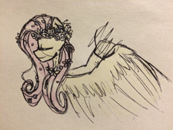 Size: 856x642 | Tagged: safe, artist:forest-lark, fluttershy, pegasus, pony, floral head wreath, sketch, solo, traditional art