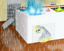 Size: 1000x800 | Tagged: safe, artist:auroraswirls, derpy hooves, pegasus, pony, erlenmeyer flask, female, fire, frown, i just don't know what went wrong, lab, mare, oven, solo, sprinkler, water, wet mane