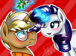 Size: 1750x1300 | Tagged: safe, artist:jack-pie, rarity, trenderhoof, pony, unicorn, blushing, duo, glowing horn, magic, male, mistletoe, shipping, skunk stripe, straight, trenderity