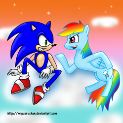 Size: 1140x1145 | Tagged: safe, artist:migueruchan, derpibooru import, rainbow dash, pegasus, pony, cloud, cloudy, crossover, duo, hoofwrestle, match, sonic the hedgehog, sonic the hedgehog (series), wrestling