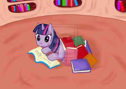 Size: 900x637 | Tagged: safe, artist:alilali, derpibooru import, twilight sparkle, book, golden oaks library, solo, watermark