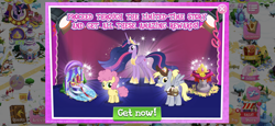 Size: 2436x1125 | Tagged: safe, derpy hooves, fluttershy, li'l cheese, princess twilight 2.0, twilight sparkle, twilight sparkle (alicorn), alicorn, earth pony, pegasus, pony, the last problem, advertisement, game screencap, gameloft, gameloft shenanigans, limited-time story, official, older, older derpy hooves, older fluttershy, older twilight