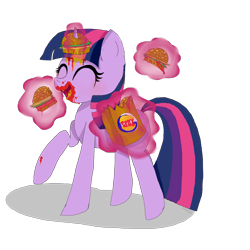 Size: 3111x3111 | Tagged: safe, artist:misspolycysticovary, derpibooru import, twilight sparkle, twilight sparkle (alicorn), alicorn, pony, twilight time, burger king, eating, fast food, female, food, grease, hay burger, ketchup, magic, mare, messy, messy eating, solo, that pony sure does love burgers, twilight burgkle