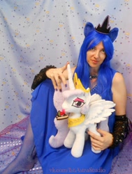 Size: 1280x1694 | Tagged: safe, artist:1stastrastudio, princess celestia, princess luna, human, cake, clothes, cosplay, costume, crafter, food, irl, irl human, photo, plushie, princess molestia, spread wings, tongue out