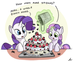 Size: 864x720 | Tagged: safe, artist:docwario, rarity, sweetie belle, pony, spider, unicorn, adoracreepy, animated, bucket, cake, context is for the weak, creepy, cute, dialogue, duo, food, gif, looking at something, magic, open mouth, rarity looking at food, signature, sisters, sweetie belle's magic brings a great big smile, telekinesis, wat, why