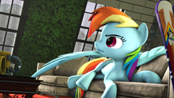 Size: 3840x2160 | Tagged: safe, artist:whiteskyline, derpibooru import, rainbow dash, pegasus, pony, 3d, ski, sofa, source filmmaker