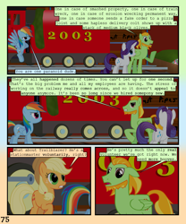 Size: 900x1080 | Tagged: safe, artist:lister-of-smeg, derpibooru import, applejack, rainbow dash, rarity, oc, oc:brass polish, earth pony, pegasus, pony, unicorn, comic:horkosworks, comic, locomotive, male, stallion, train