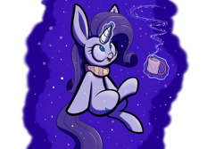 Size: 1280x853 | Tagged: safe, artist:heir-of-rick, rarity, pony, unicorn, clothes, cute, drink, impossibly large ears, levitation, looking up, magic, mug, open mouth, raribetes, scarf, sitting, smiling, solo, steam, telekinesis