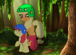 Size: 2141x1568 | Tagged: safe, artist:daisy meadows, apple bloom, applejack, earth pony, pony, blushing, forest, helmet