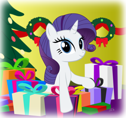 Size: 1961x1833 | Tagged: safe, artist:oshitsukiryuu, rarity, pony, unicorn, christmas, christmas tree, christmas wreath, looking at you, present, solo, tree