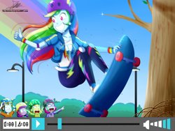 Size: 1360x1020 | Tagged: safe, artist:the-butch-x, derpibooru import, gallop j. fry, lily longsocks, little red, rainbow dash, super funk, equestria girls, equestria girls series, sic skateboard, spoiler:eqg series (season 2), background human, child, children, clothes, don't try this at home, female, geode of super speed, grin, helmet, imminent pain, looking back, magical geodes, male, motion blur, skateboard, skateboarding, smiling, this will end in pain, this will end in tears, this will end in the hospital, thumbs up, watch out for that tree