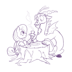 Size: 625x625 | Tagged: safe, artist:dinkelion, discord, fluttershy, draconequus, pegasus, pony, cute, discute, eye contact, featured on derpibooru, female, lineart, male, mare, monochrome, sitting, sketch, smiling, tea, tea party, teacup, tree stump