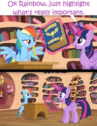 Size: 1920x2498 | Tagged: safe, derpibooru import, edit, edited screencap, editor:leonidus, screencap, rainbow dash, twilight sparkle, twilight sparkle (alicorn), alicorn, pegasus, pony, testing testing 1-2-3, book, bookshelf, crying, desk, dialogue, door, friendship, golden oaks library, heart, highlighter, levitation, library, magic, open mouth, speech bubble, speechless, tears of joy, teary eyes, telekinesis, touching