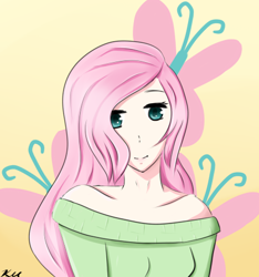 Size: 435x464 | Tagged: safe, artist:lilafields, fluttershy, human, clothes, humanized, off shoulder, solo, sweatershy