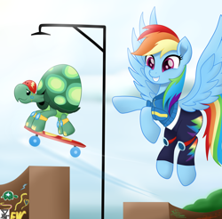 Size: 5600x5500 | Tagged: safe, artist:theretroart88, derpibooru import, rainbow dash, tank, pegasus, pony, tortoise, better together, equestria girls, sic skateboard, absurd resolution, clothes, equestria girls ponified, female, flying, graffiti, jacket, lamp, lamppost, mare, movie accurate, pants, ponified, ramp, scene interpretation, signature, skateboard, watermark