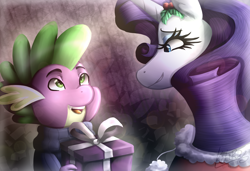 Size: 1996x1363 | Tagged: safe, artist:kikirdcz, part of a set, rarity, spike, dragon, pony, unicorn, clothes, holly, male, present, shipping, sparity, straight, sweater