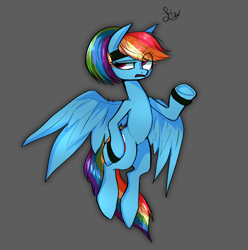 Size: 1046x1056 | Tagged: dead source, safe, artist:and-so-what, derpibooru import, rainbow dash, pegasus, pony, alternate hairstyle, eye clipping through hair, female, gray background, headband, mare, ponytail, simple background, solo