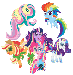 Size: 1024x1056 | Tagged: safe, artist:scatteredlove, derpibooru import, applejack, fluttershy, pinkie pie, rainbow dash, rarity, twilight sparkle, alicorn, earth pony, pegasus, pony, unicorn, chibi, mane six, rainbow power